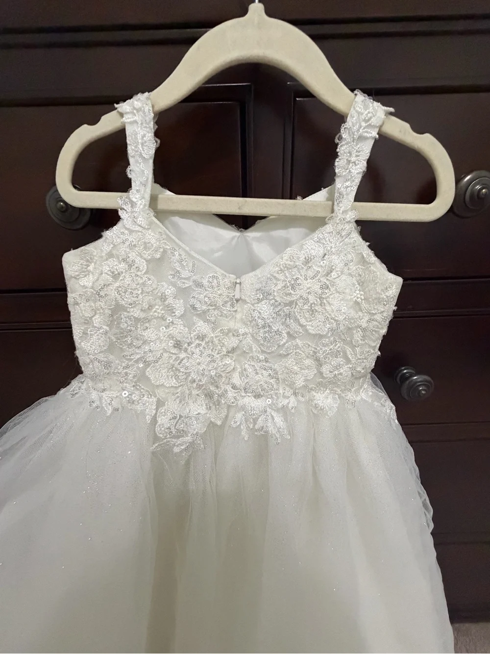 David's Bridal Ivory Floral Lace Sparkle Tulle Girls Party Dress - Picture 4 of 6